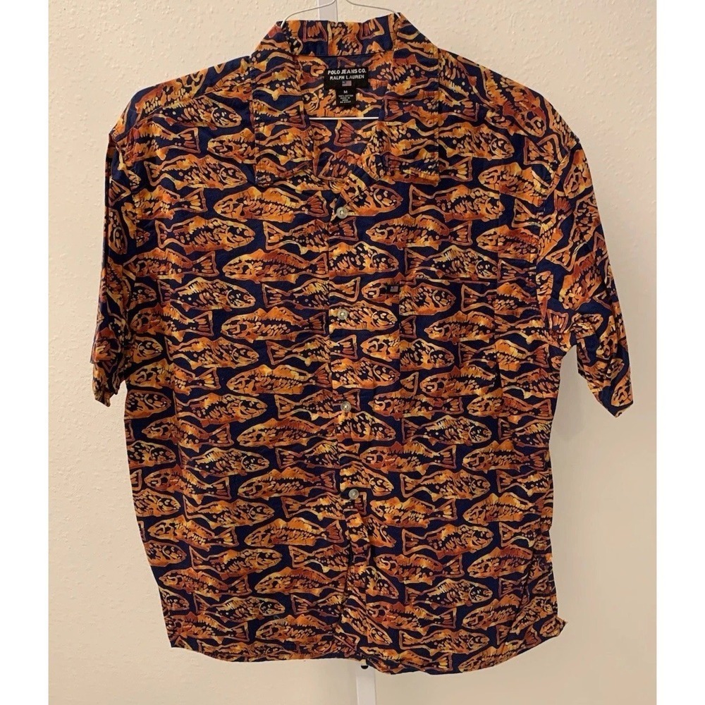 Vintage  90s Ralph Lauren POLO Jeans FISH Wild Crazy Camp Shirt Sz M (#B346)